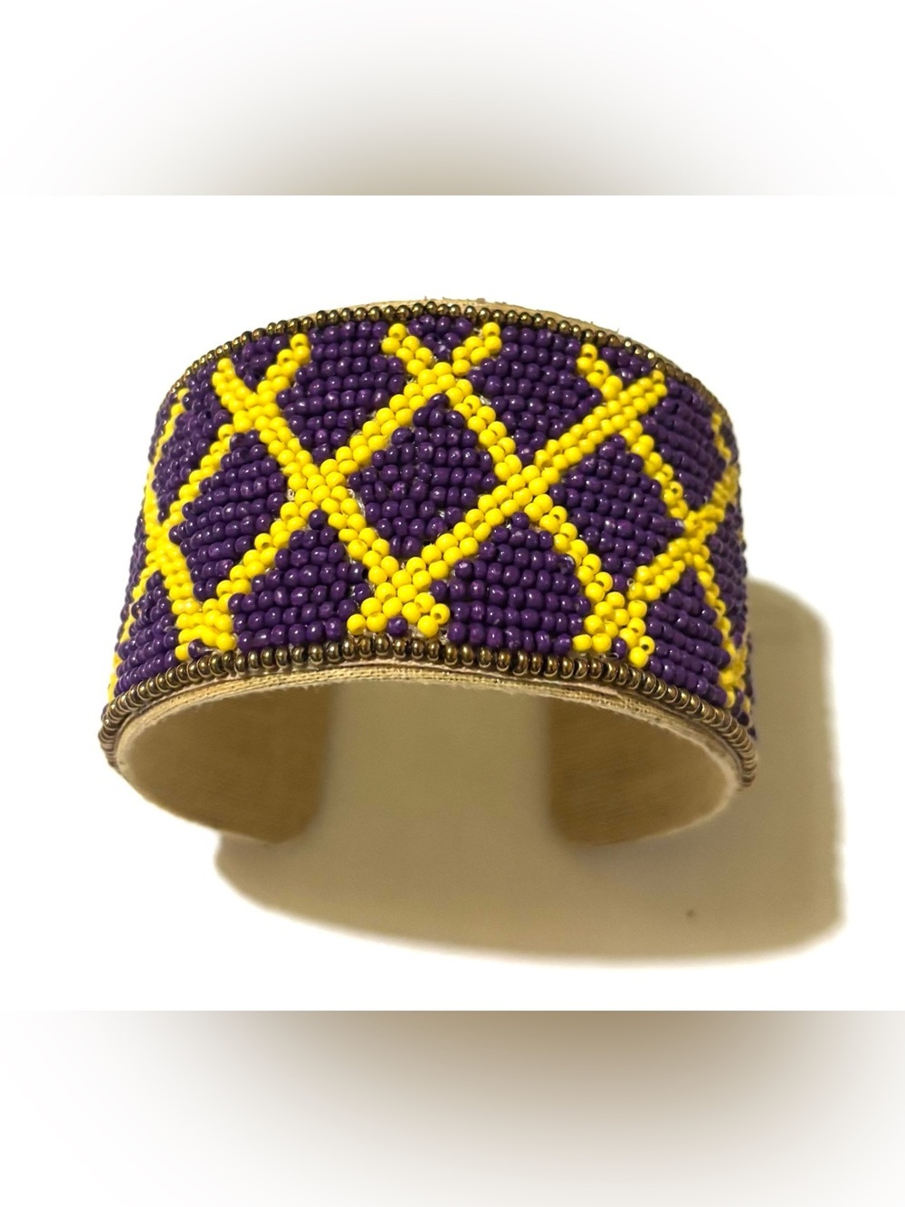 Purple and Yellow unisex Beaded Cuff Bracelet by